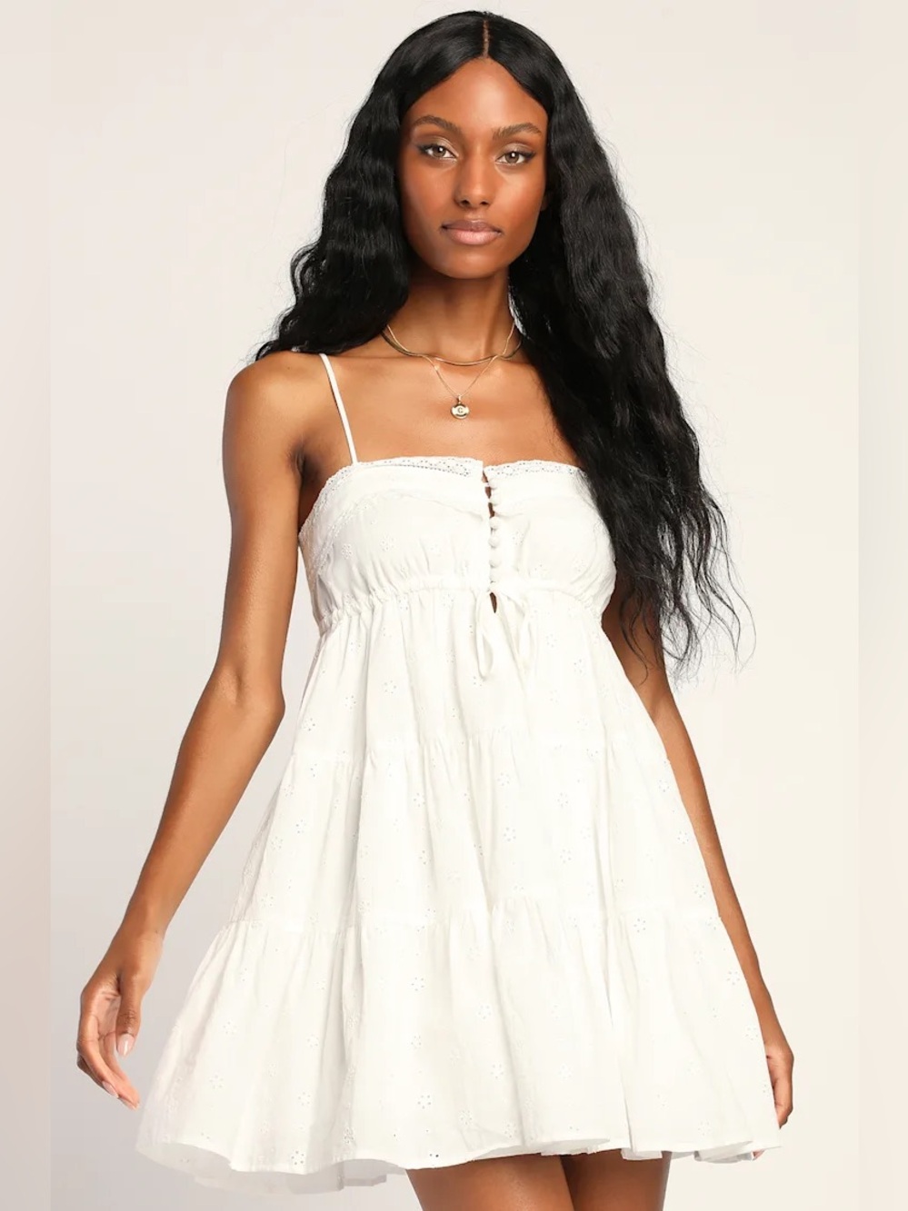 Lulu's White Eyelet Mini Dress with Spaghetti Straps